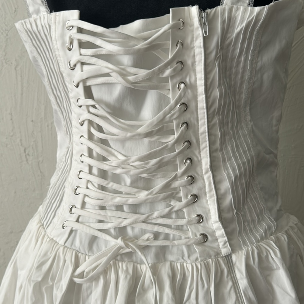 NWT white mini coquette corset lace up lace puff waist brassiere top w bow dress - Picture 7 of 8